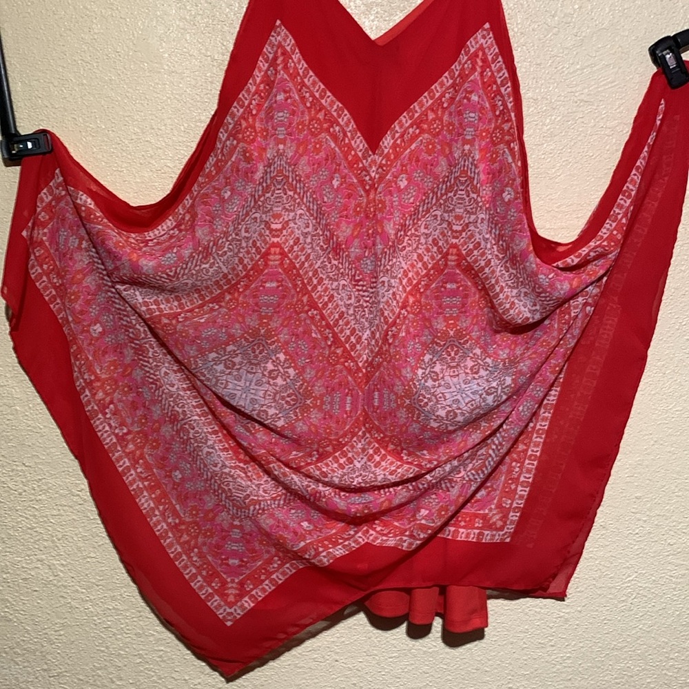 My Michelle Summer Dress XL Red Cream Floral Sleeveless Handkerchief Hem Lining - Picture 7 of 16